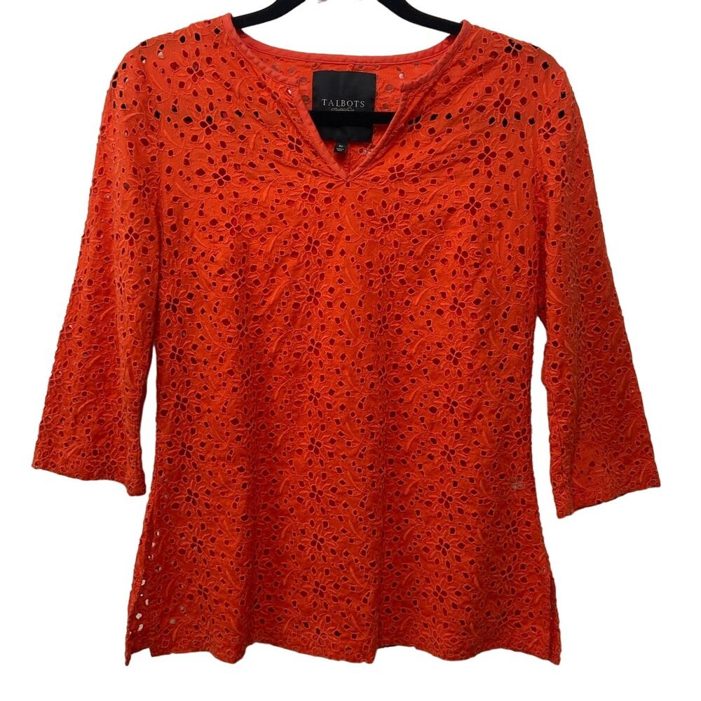 Talbots 100% Cotton Eyelet Blouse Top 3/4 Sleeve V-Neck Orange Womens Size 8P‎